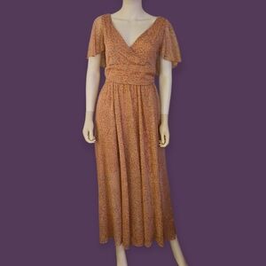 ALEXA B Chiffon Flutter Sleeve V-neck Metallic Maxi Dress